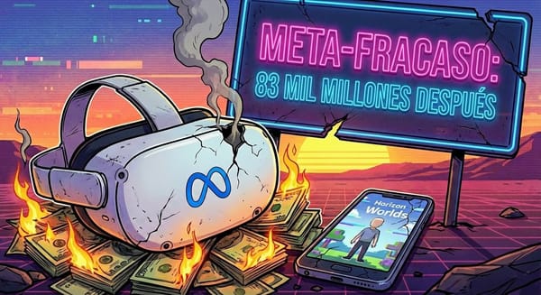 Ilustración estilo cómic de un visor Meta Quest roto echando humo sobre pilas de dinero en llamas, con un cartel de neón que dice "Meta-Fracaso".